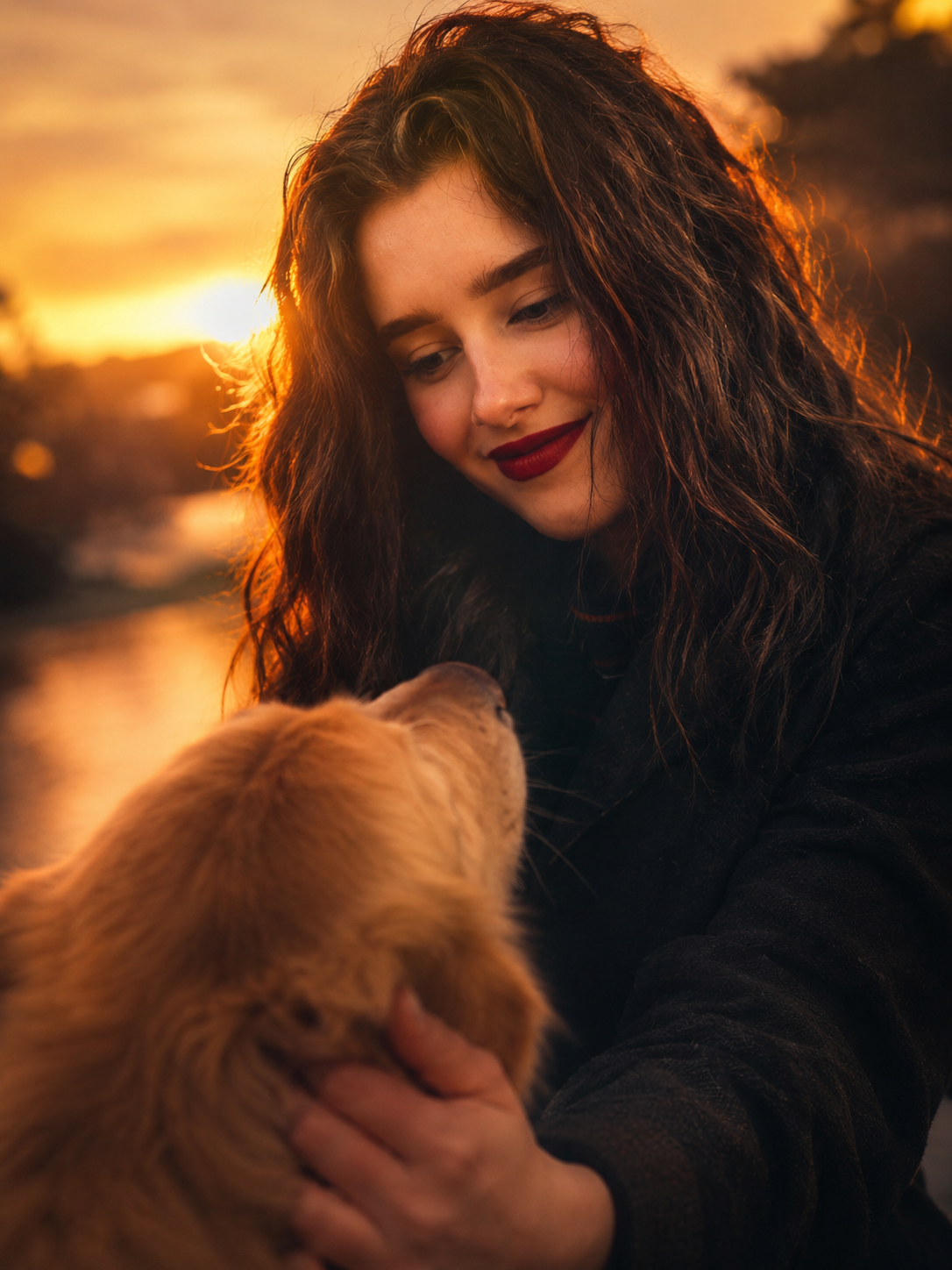 A young woman bathed in warm sunset light, smiling at her dog