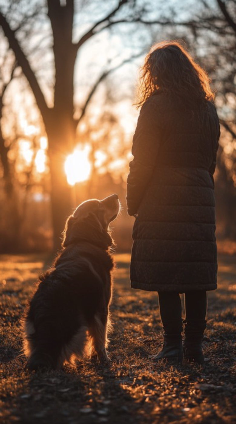 Silhouette of a person and their dog walking in the woods at sunset